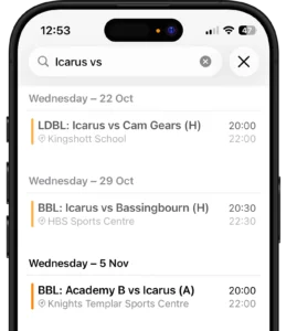 Fixtures and results calendar for Icarus league matches